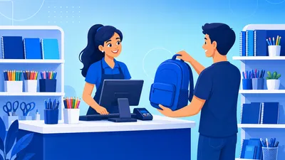 Atendente usando um sistema para papelaria no caixa com prateleiras de material escolar