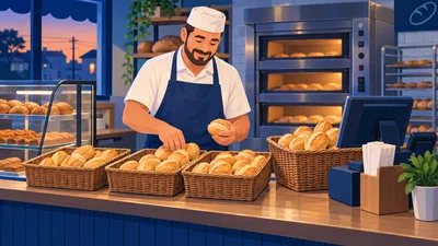 Padeiro contando a sobra de pão na padaria ao fim do dia, com cestos de pão francês no balcão e o forno ao fundo