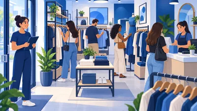 Vendedora de loja de roupas marcando numa prancheta cada cliente que entra pela porta enquanto outra atende no provador, ilustrando a taxa de conversão da loja física