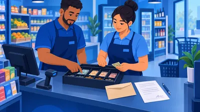 Dois operadores conferindo juntos a gaveta na troca de turno no caixa de um mercadinho