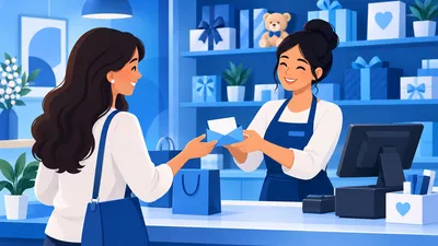 Atendente entregando um cartão vale-presente a uma cliente no balcão de uma loja de presentes, ilustrando vale-presente na loja