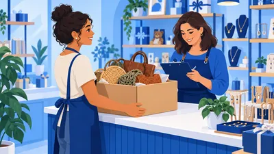 Artesã entregando bolsas em consignação no balcão de uma loja de presentes, com a dona conferindo a lista, ilustrando a venda consignada na loja