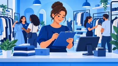 Dona de loja de roupas conferindo as vendas do mês de cada vendedora numa prancheta, cena de quem decide entre vendedor comissionado ou salário fixo